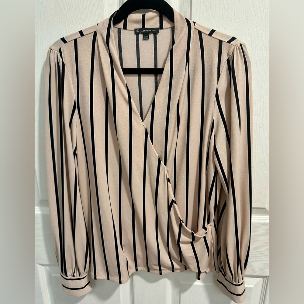 Adrianna Papell Pink & Black Striped Faux Cross Front Long Sleeve Blouse. Size L